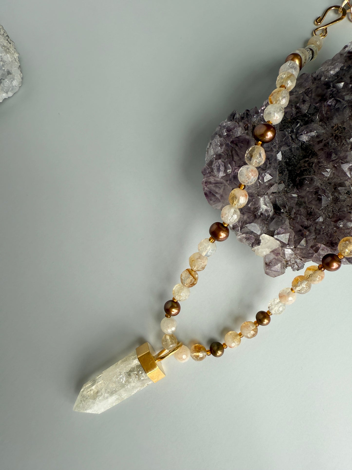 Bronze Freshwater Pearls & Clear Quartz (removable crystal)