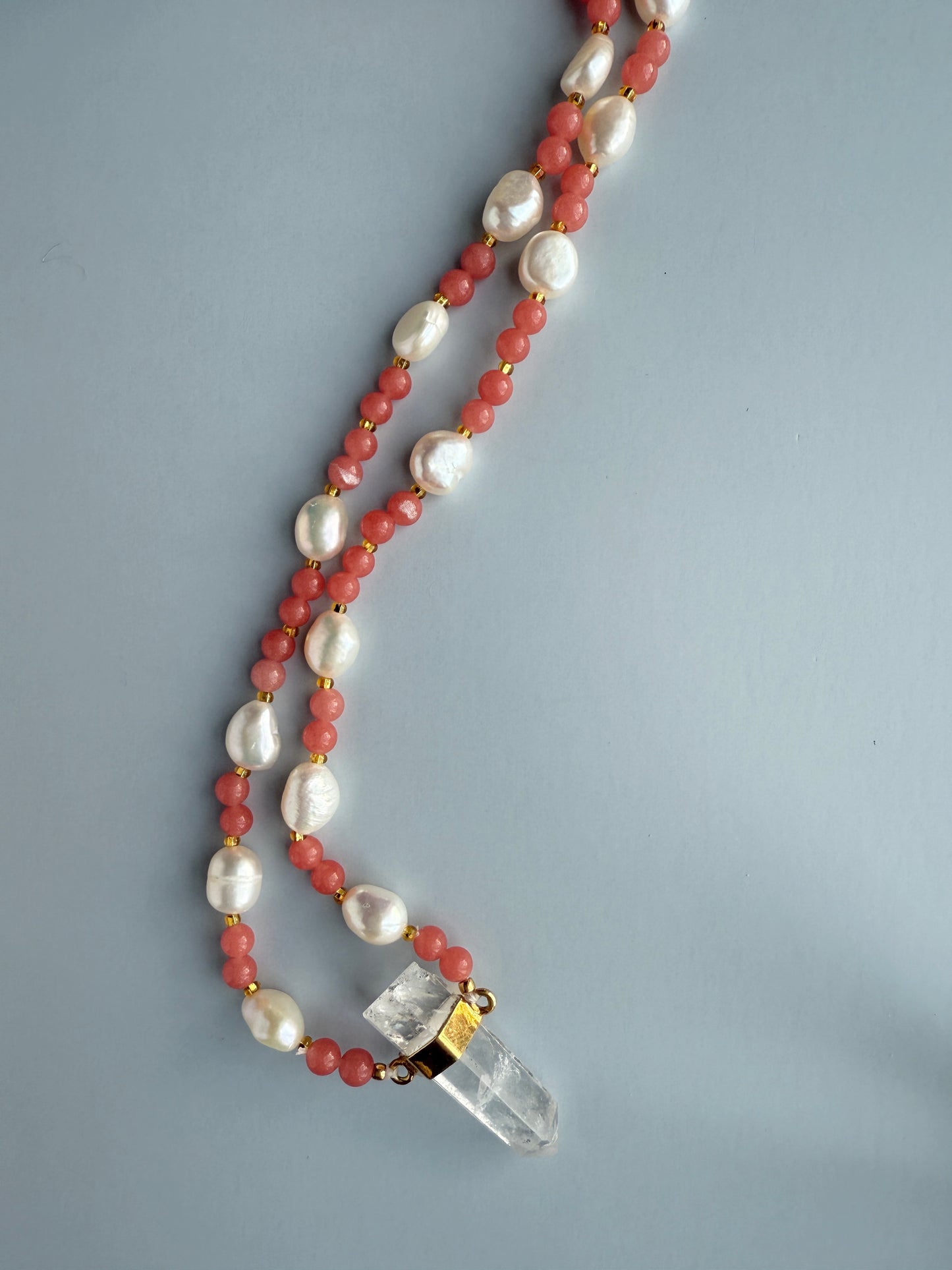 Freshwater Pearls, Peach & Clear Quartz