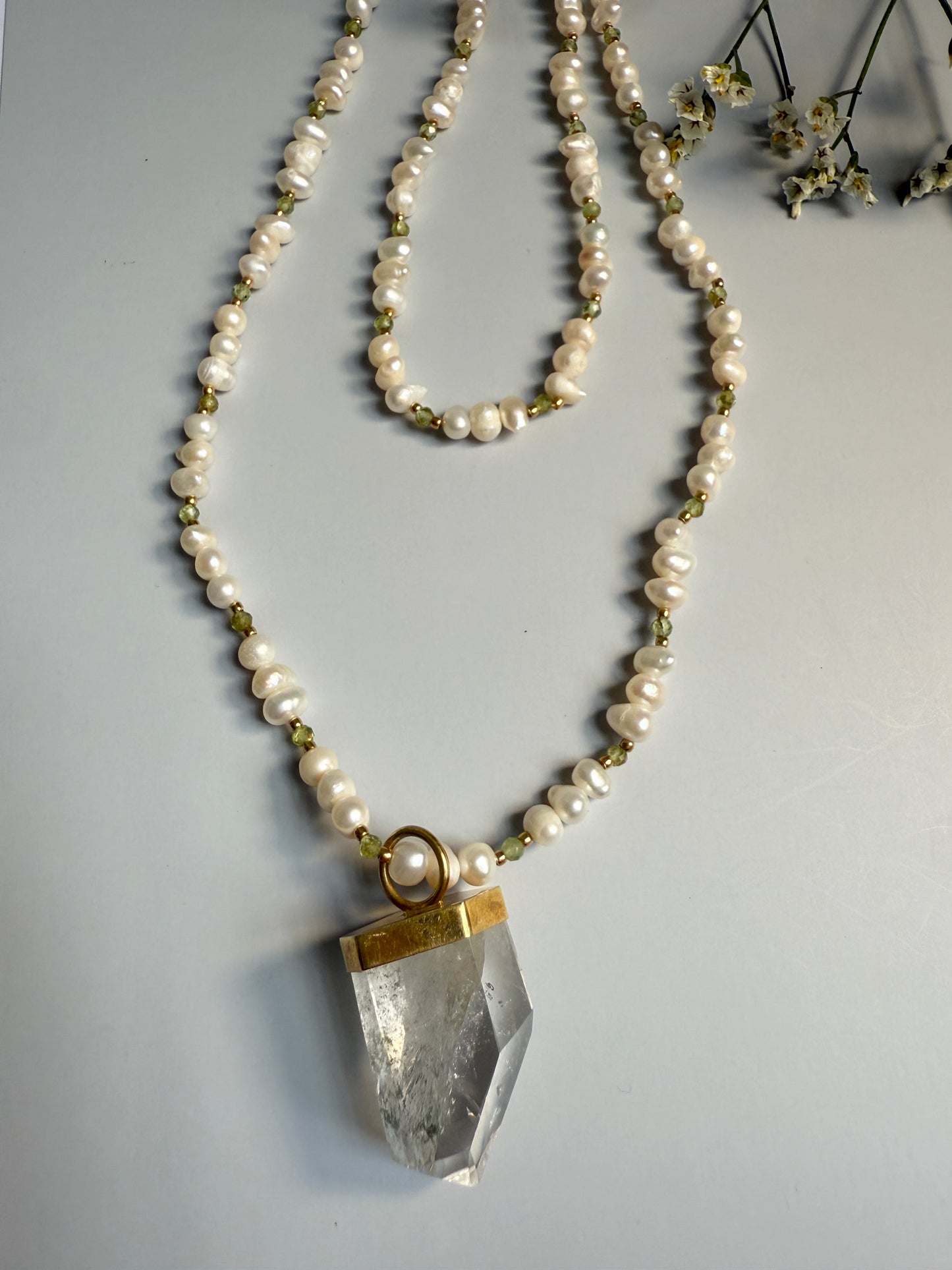 Peridot, Freshwater Pearls & Clear Quartz, 40"