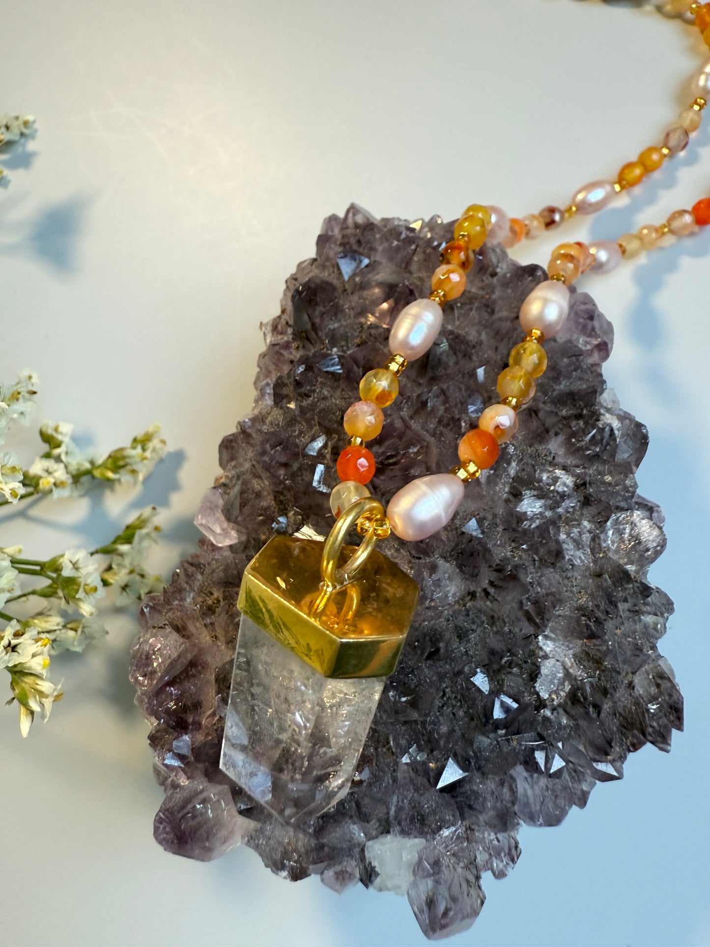 Carnelian, Freshwater Pearl & Clear Quartz, 48"