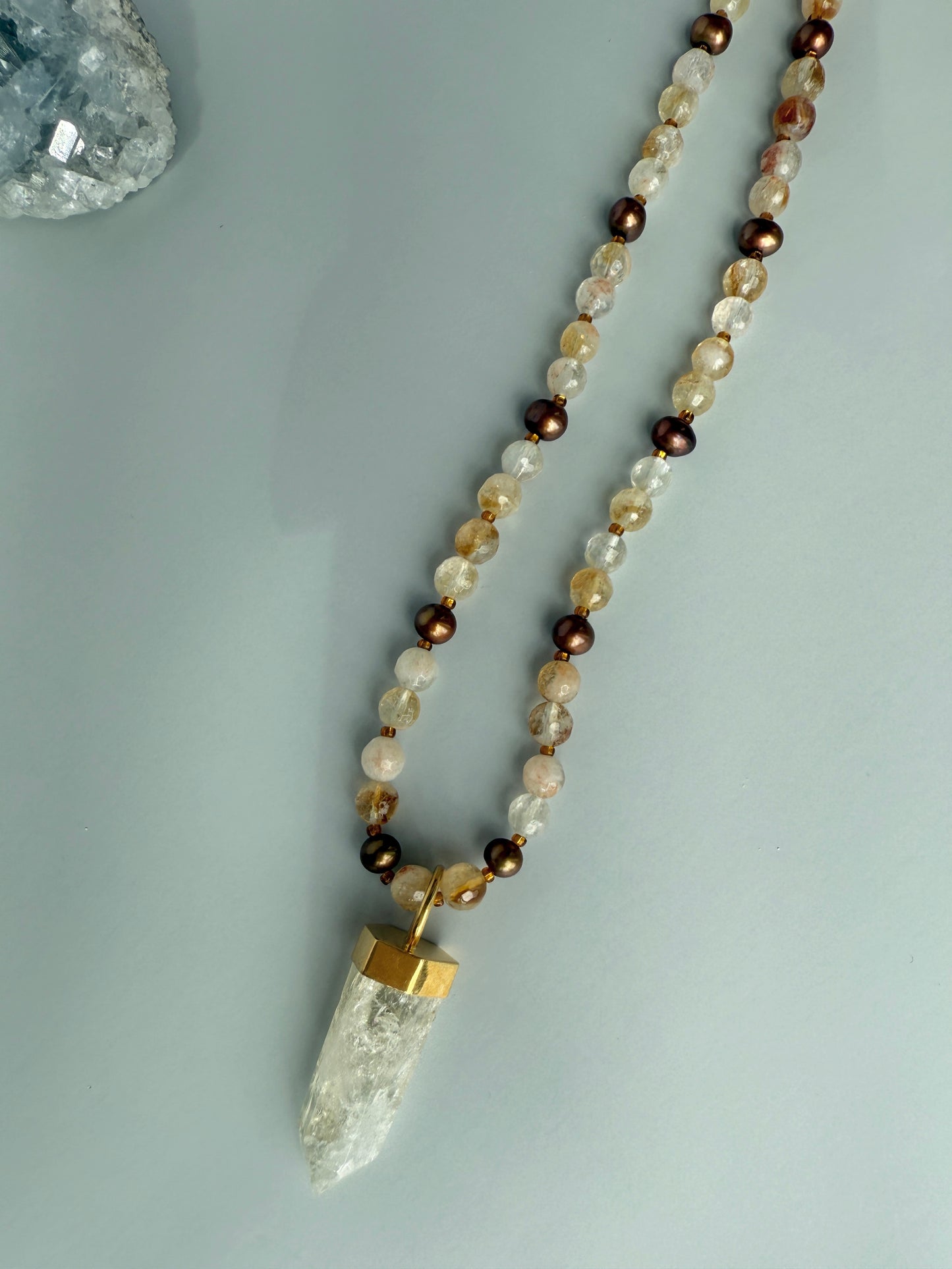Bronze Freshwater Pearls & Clear Quartz (removable crystal)