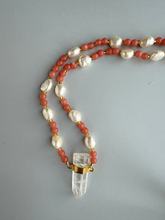 Freshwater Pearls, Peach & Clear Quartz