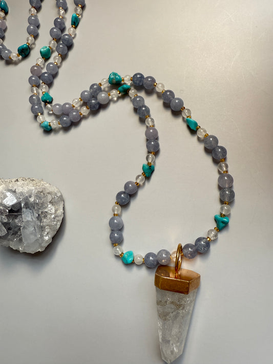 Grey Moonstone, Turquoise & Clear Quartz, 32"