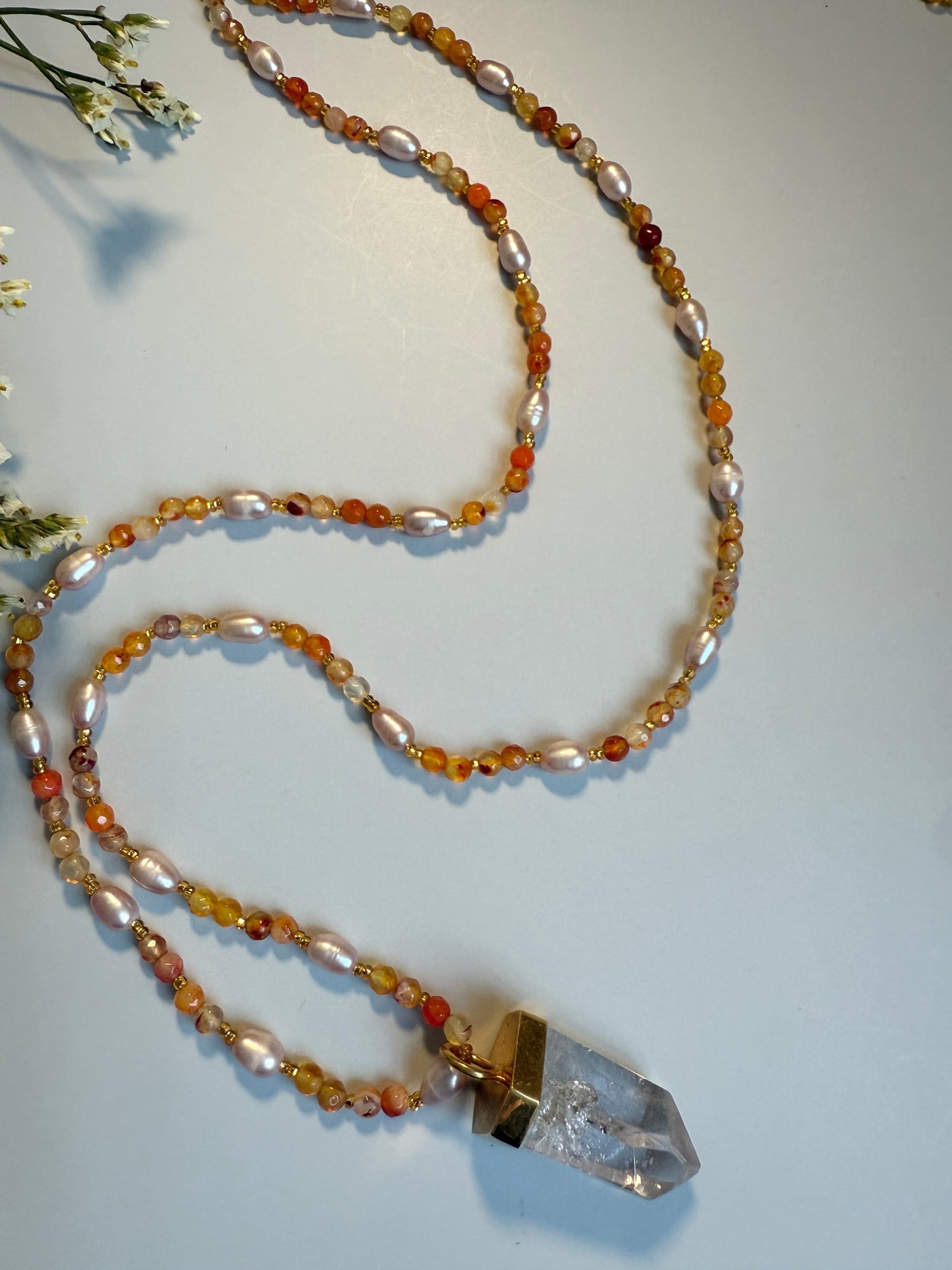 Carnelian, Freshwater Pearl & Clear Quartz, 48"