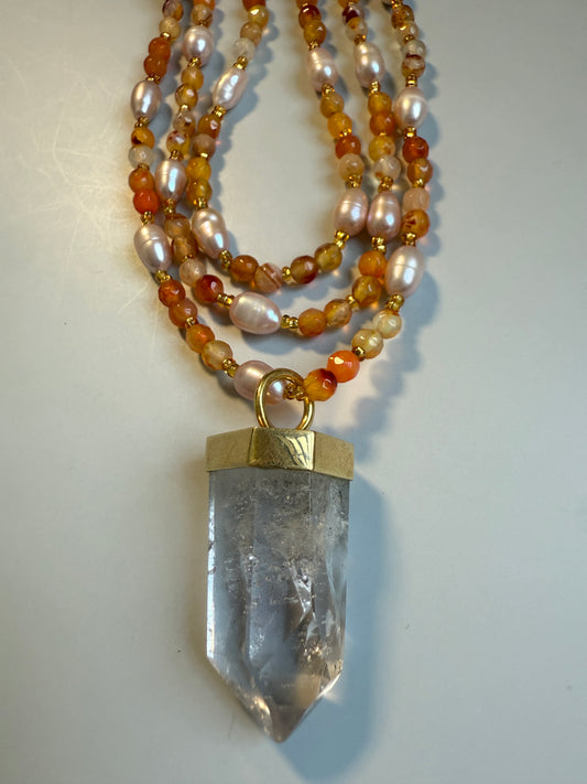 Carnelian, Freshwater Pearl & Clear Quartz, 48"
