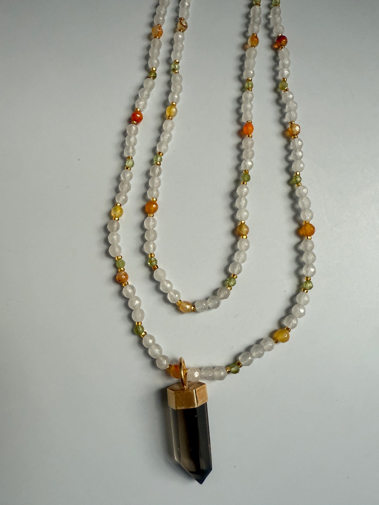Carnelian, Moonstone, Peridot & Smoky Quartz, 48"