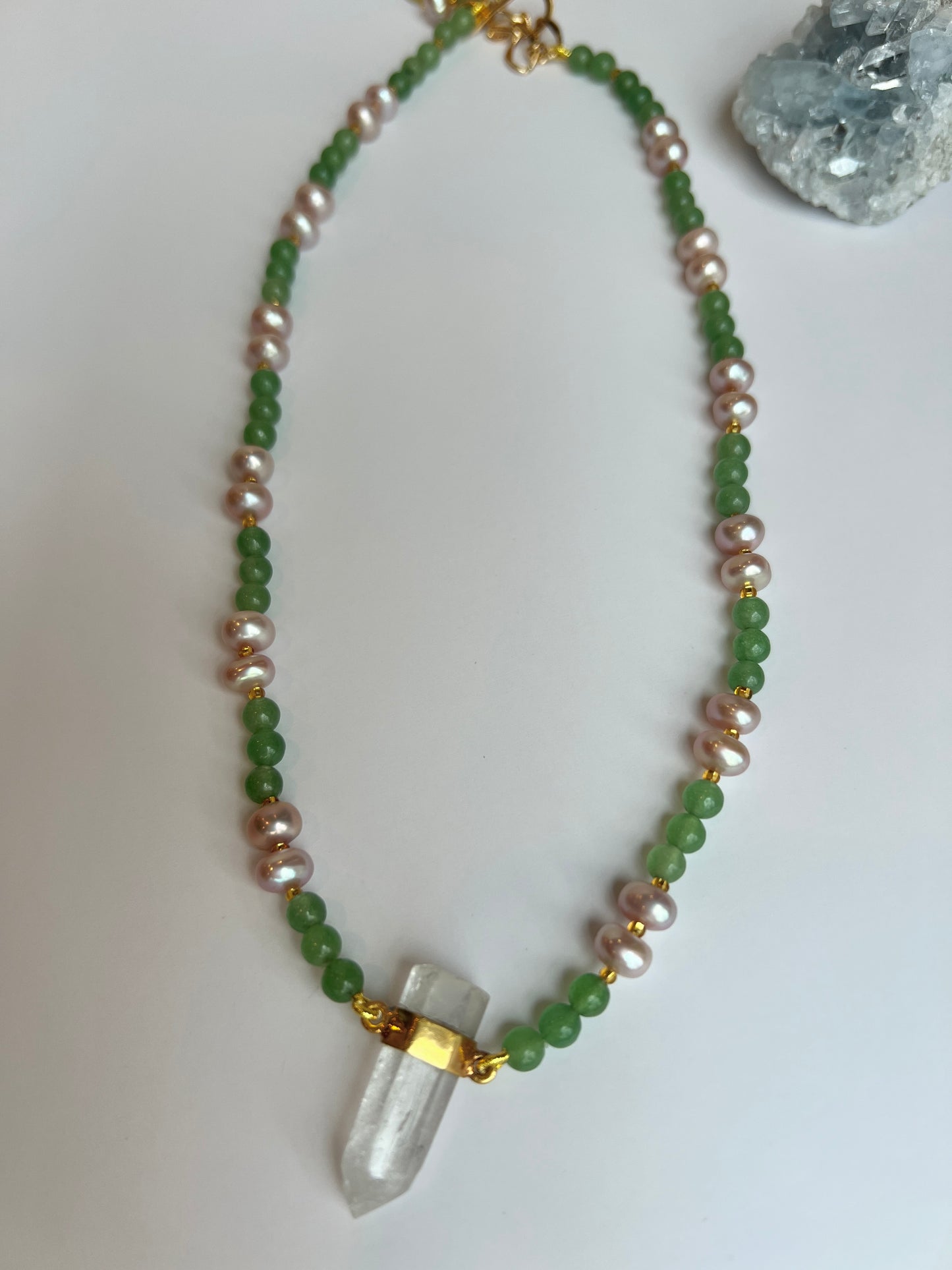 Green Quartz, Freshwater Pearls & Clear Quartz