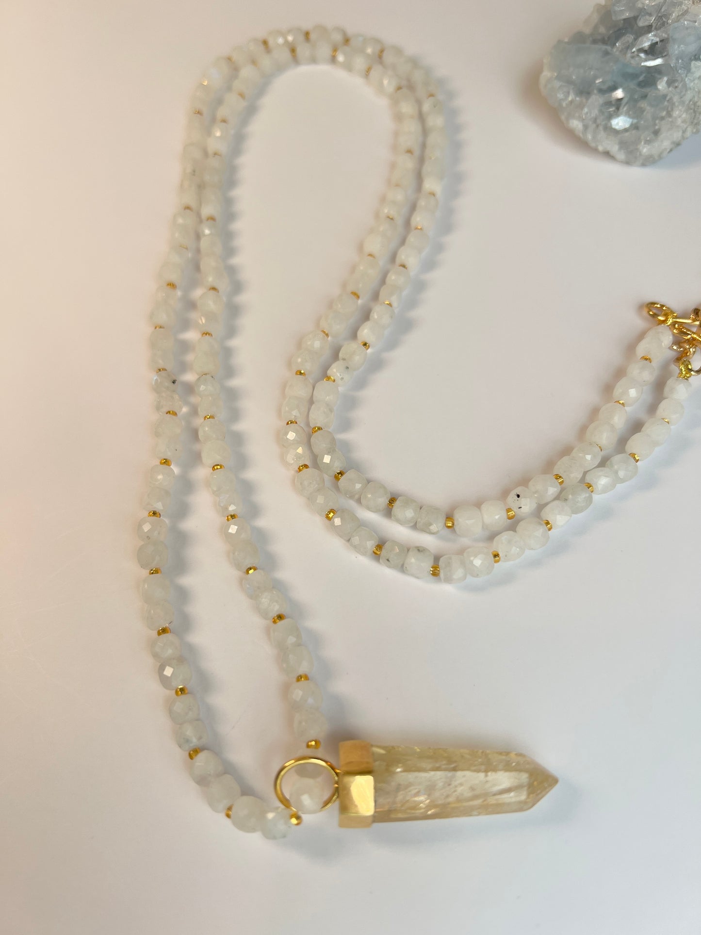 Moonstone & Citrine, 34" (long, double-wrap short, & removable crystal)