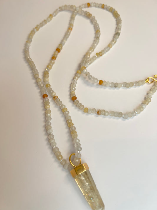 Moonstone & Citrine, 34" (long, double-wrap short, & removable crystal)