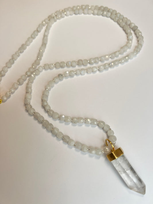 Moonstone & Clear Quartz, 34" (long, double-wrap short, or removable crystal)