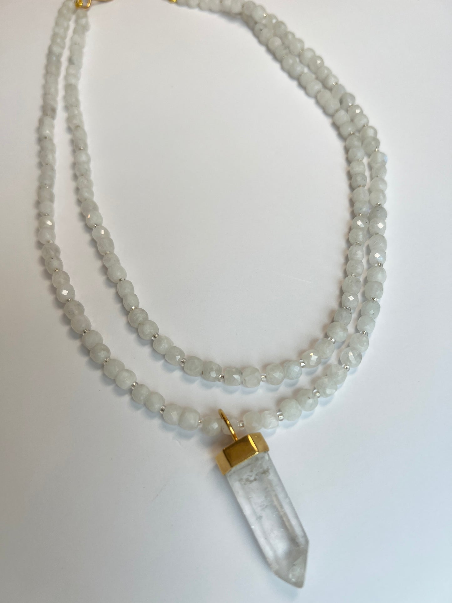 Moonstone & Clear Quartz, 34" (long, double-wrap short, or removable crystal)