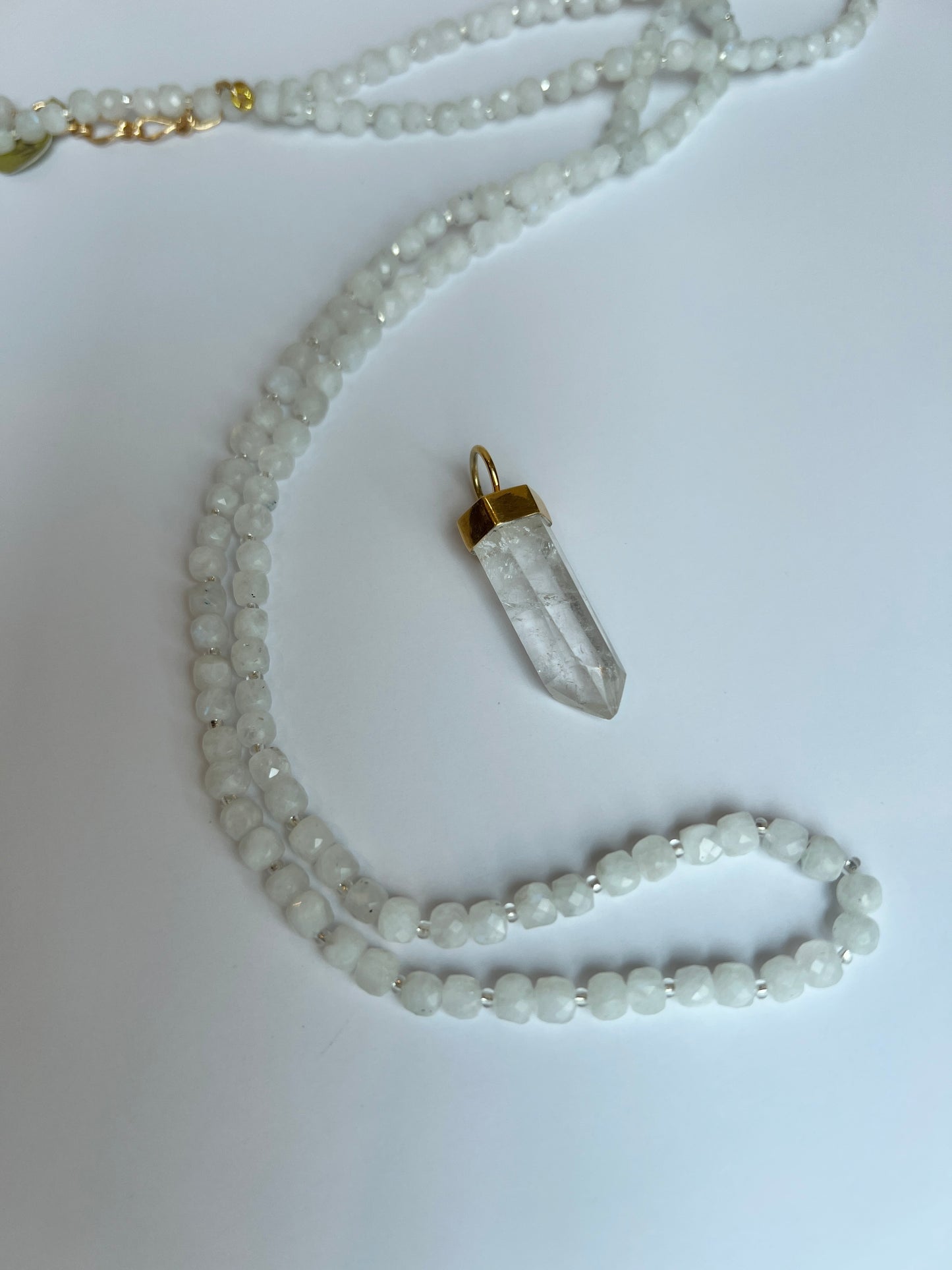 Moonstone & Clear Quartz, 34" (long, double-wrap short, or removable crystal)